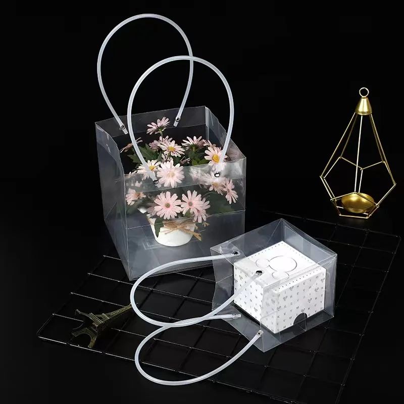 Ready To Ship Wholesale Large Size design logo PP Transparent Plastic Flower Bag Clear Gift Flower Bouquet Bag With Handle