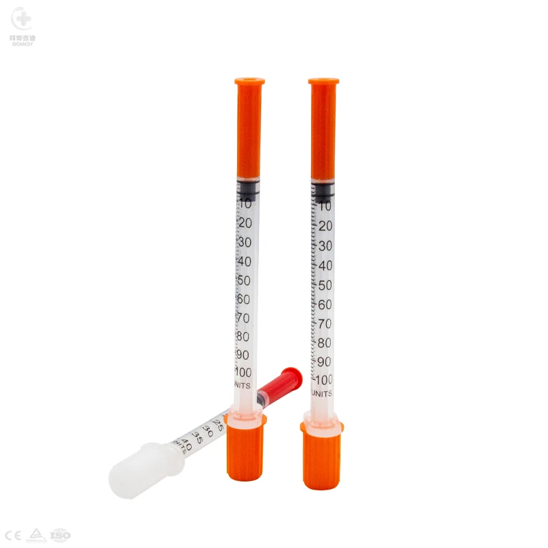 Medical supply sterile Disposable plastic blister Safety Free Sample 1ml Colored Orange Insulin Syringe U100 U50 With Needle CE