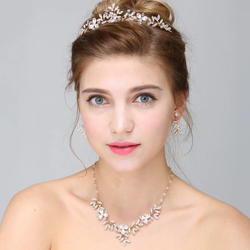 2019 Wholesale Wedding Hair Accessories Crown Handmade Crystal Diamond Necklace Earring Jewelry set For Women
