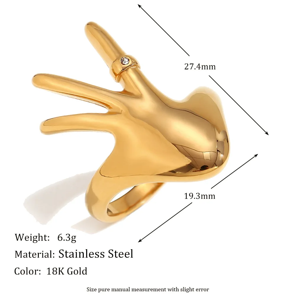 Best Selling 18K Gold Plated Hand Shaped Diamond Ring Fashion Not Fade Stainless Steel Ring Jewelry for Women