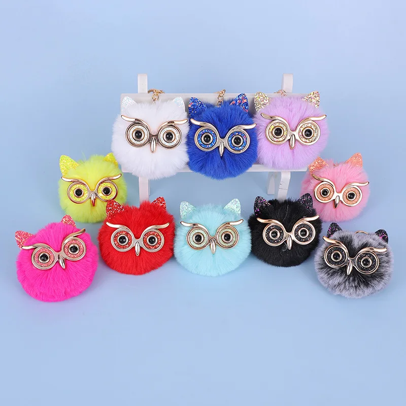 BM1104 2021 Creative Fashion Cute Big Eyes Owl Hair Ball Keychain Plush Ball Fur Bag Pendant Women promotion gift metal keychain