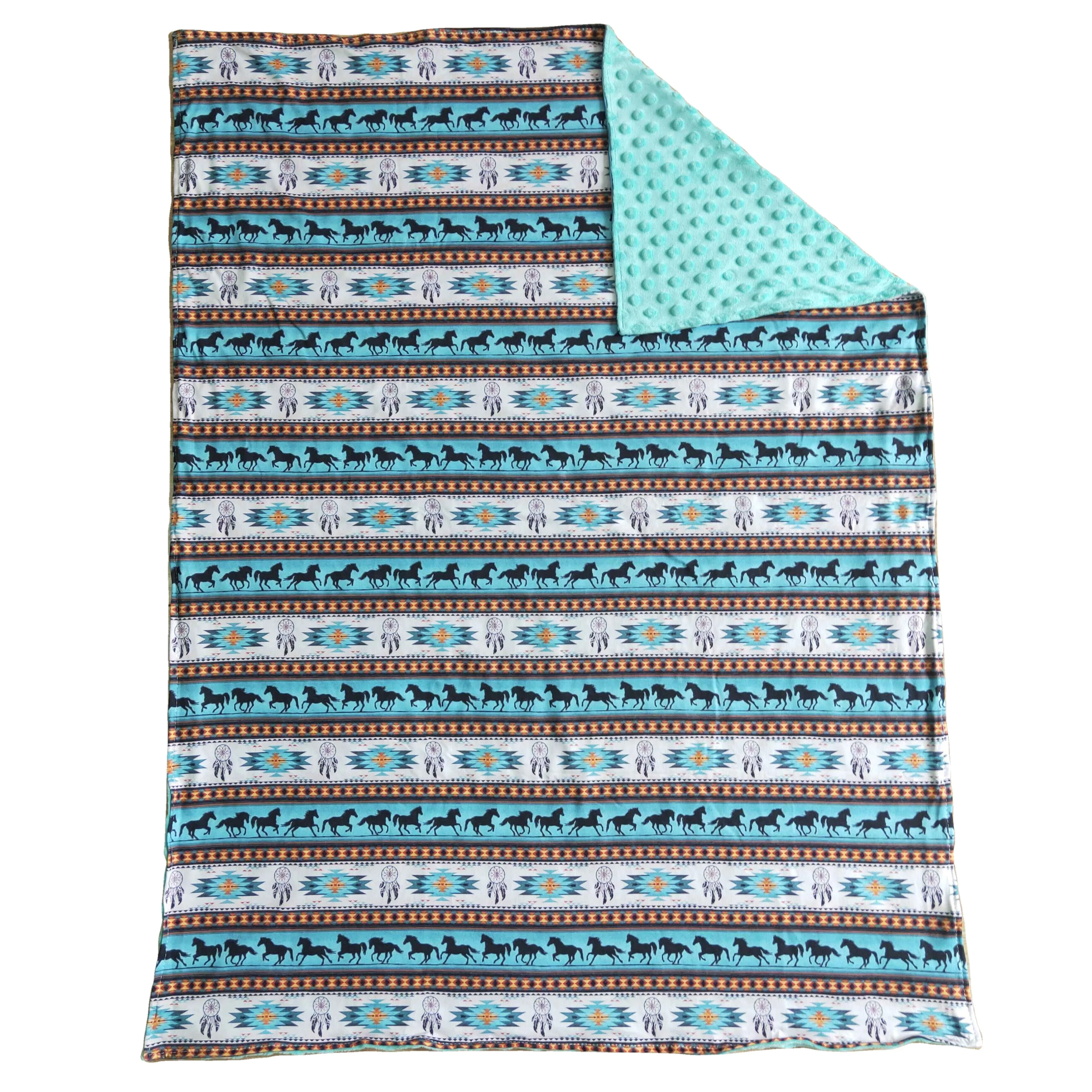 Western Aztec Horse Print Wholesale Sleeping Soft Kids Minky Dot Crib Reversible Blanket Newborn Baby Toddlers Blankets