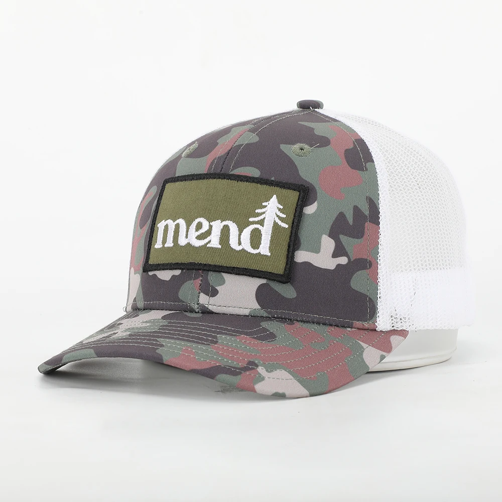 Custom High Quality 6 Panel Pre Curved Brim Embroidery Patch Logo Camo Pattern Mesh Snap Back Richardson 112 Trucker Cap Hat