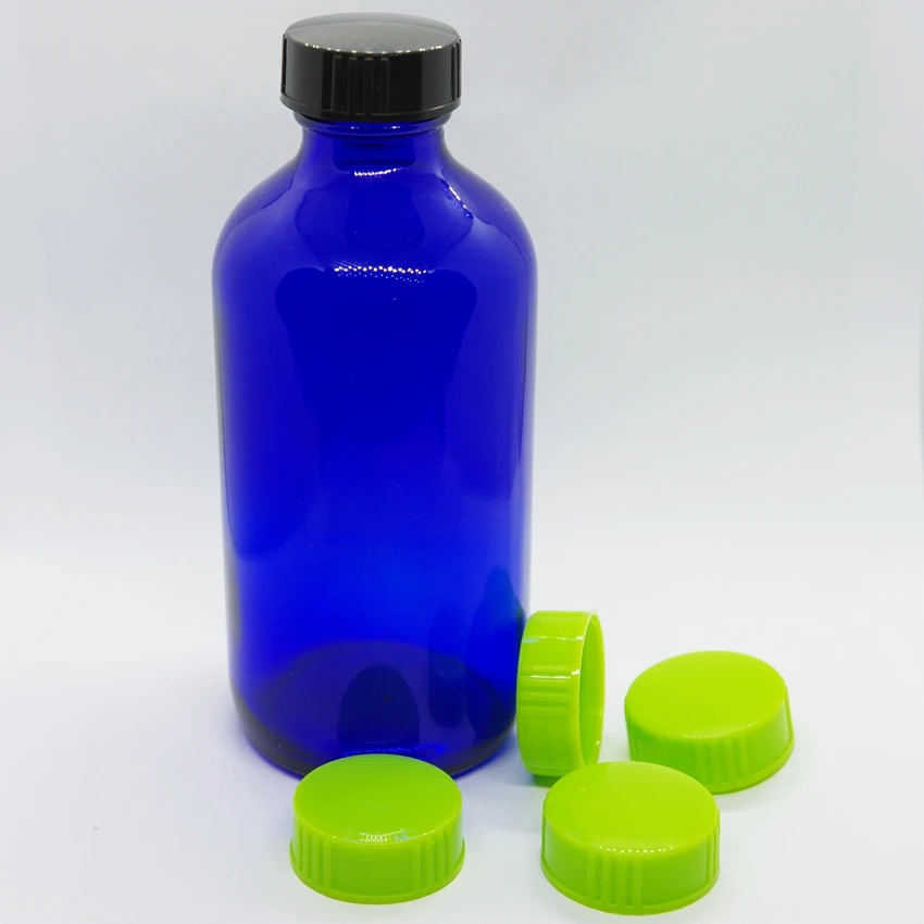 Wholesale custom Boston blue glass bottle 18/400 black green plastic screw cap in lids