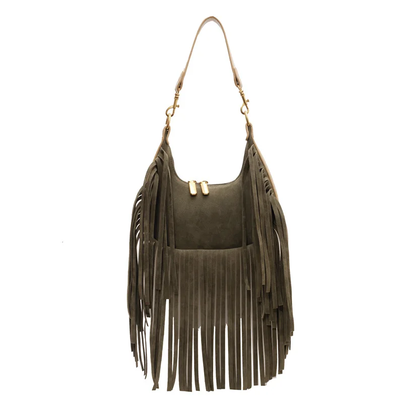 Trendy Suede Leather Tassel Hobo Shoulder Bags Featured Purses Bohemian Fringed Handbags Crossbody Bags for Women