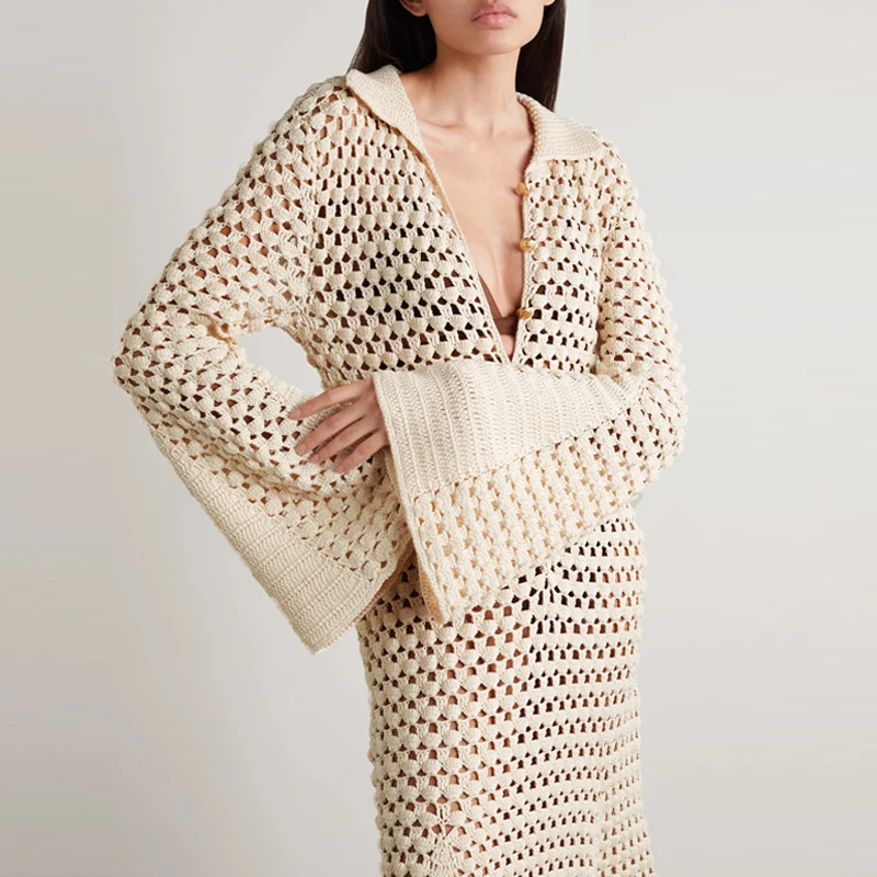 2023 summer hollow crochet V-neck long sleeved flared sleeves pure cotton pleated skirt knitted dress sweater