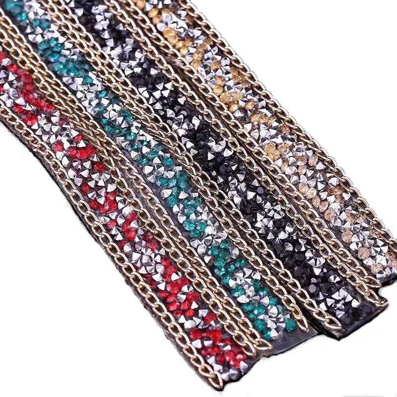15mm Width Strass Crystal with Chain Hot Fix Rhinestones Applique Ribbon For Clothes Shoes