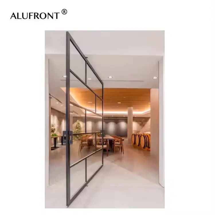 ALUFRONT Glass Luxury Main Entrance Door Steel looked Aluminum Pivot Doors Modern Entry Grey Glass Front Door