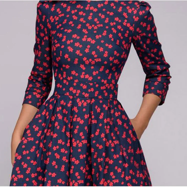 Women vintage retro 3/4 sleeve floral pattern a line swing party dress