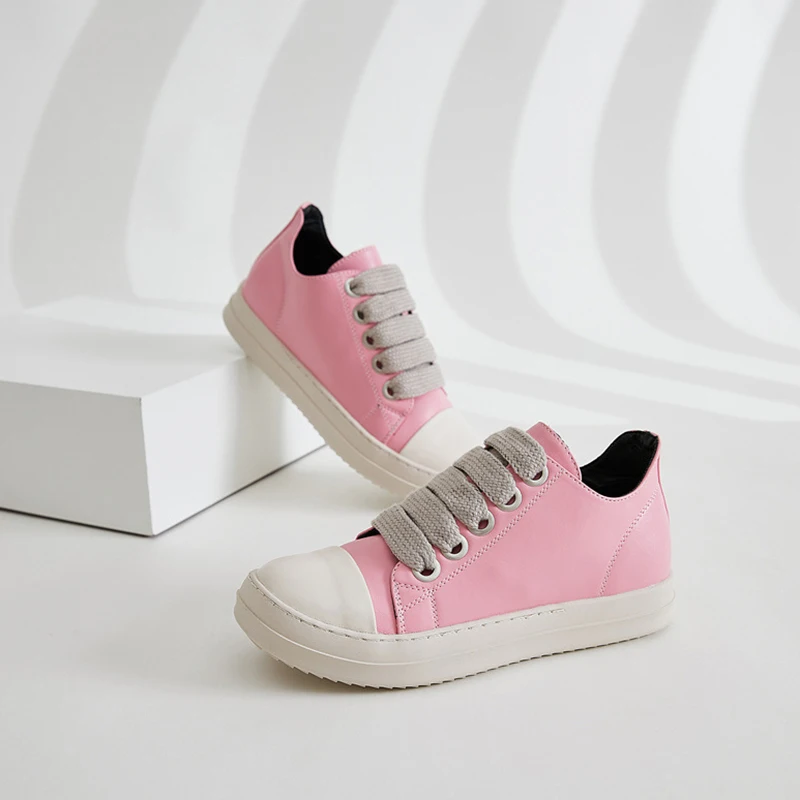 Luxury Platform PU leather Trainers Lace Up Sneakers Casual Unique thick shoelaces Low top flat shoes