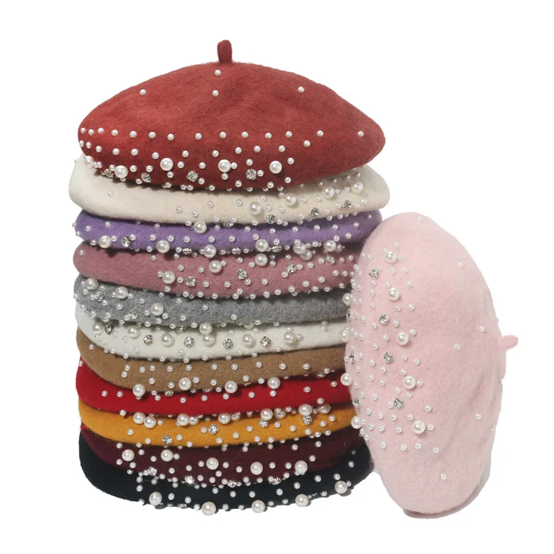 2024 Factory wholesale high quality autumn winter Lady Korean version British pearl point diamond wool painter hat bud Beret hat