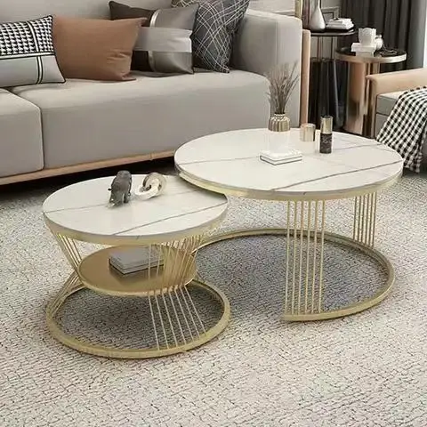 Contemporary Modern round Nesting Coffee Table Set Gold Metal Side with Glass Marble 2 Pieces Tea Coffee Table Middle Center Use