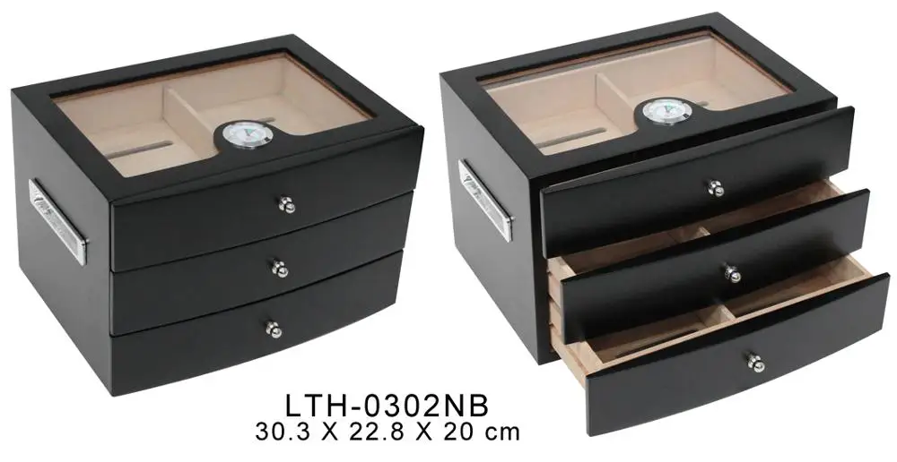 
wholesale custom spanish cedar wooden box tray de puros with hygrometer humidifier solution desktop glass top cigar humidor 