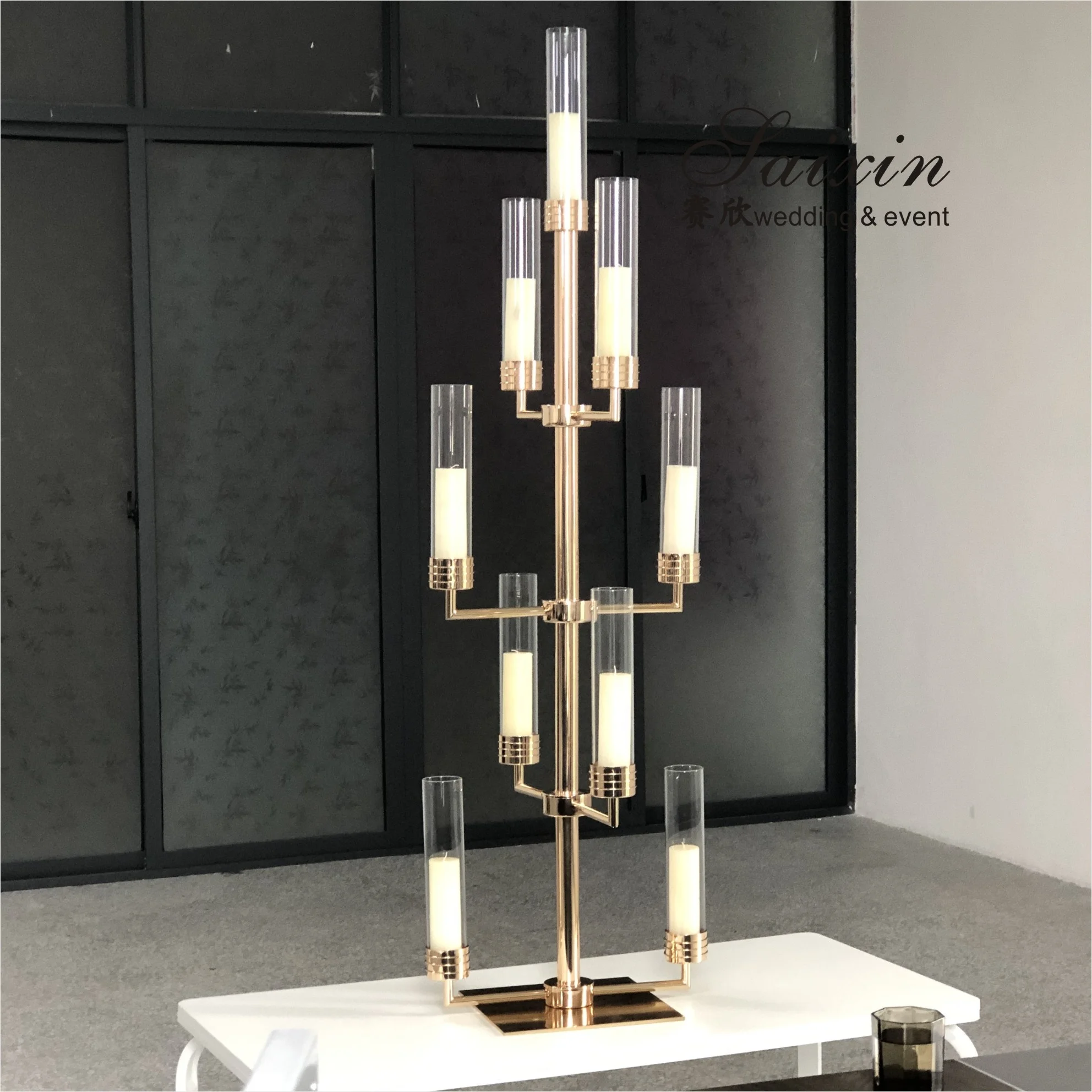 New saixin custom tall 9 arms glass tube metal candle holder for wedding centerpieces