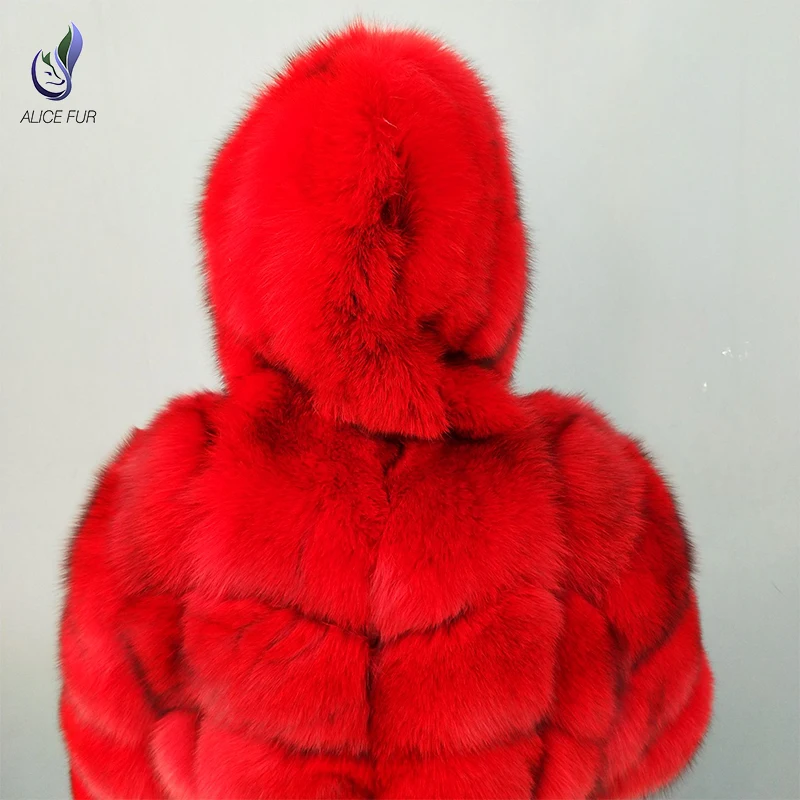 Hot Sell red color plus size long style clothes women winter animal fox fur coat girls with hood