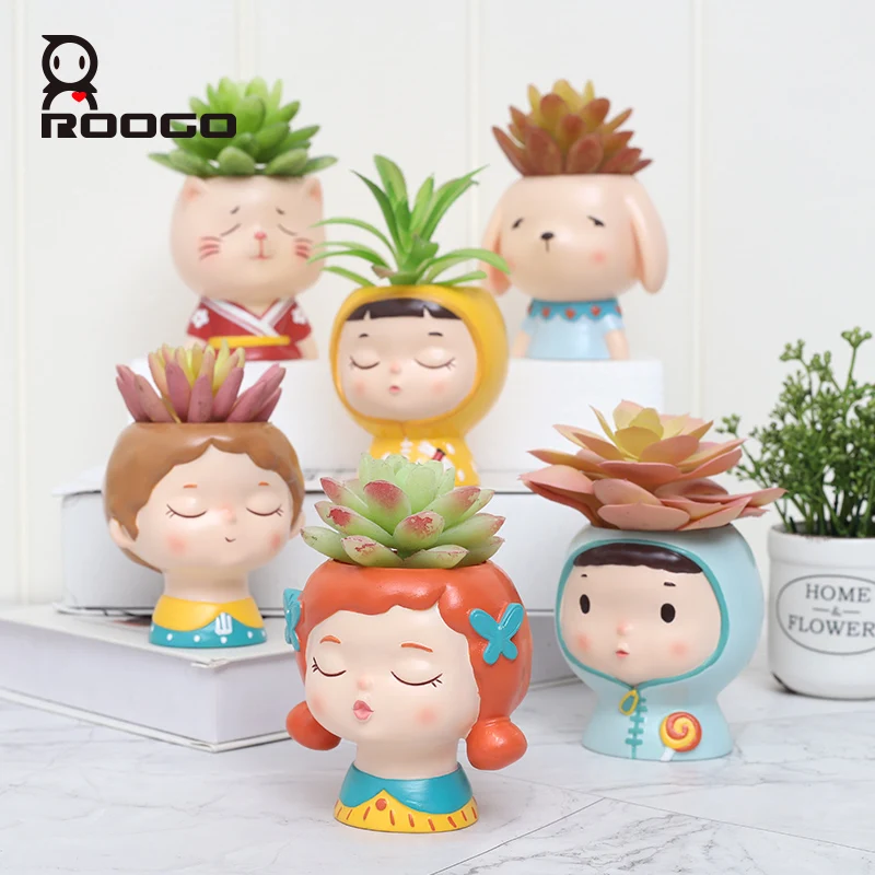 Roogo cute doll head shaped PVC planter flower pots
