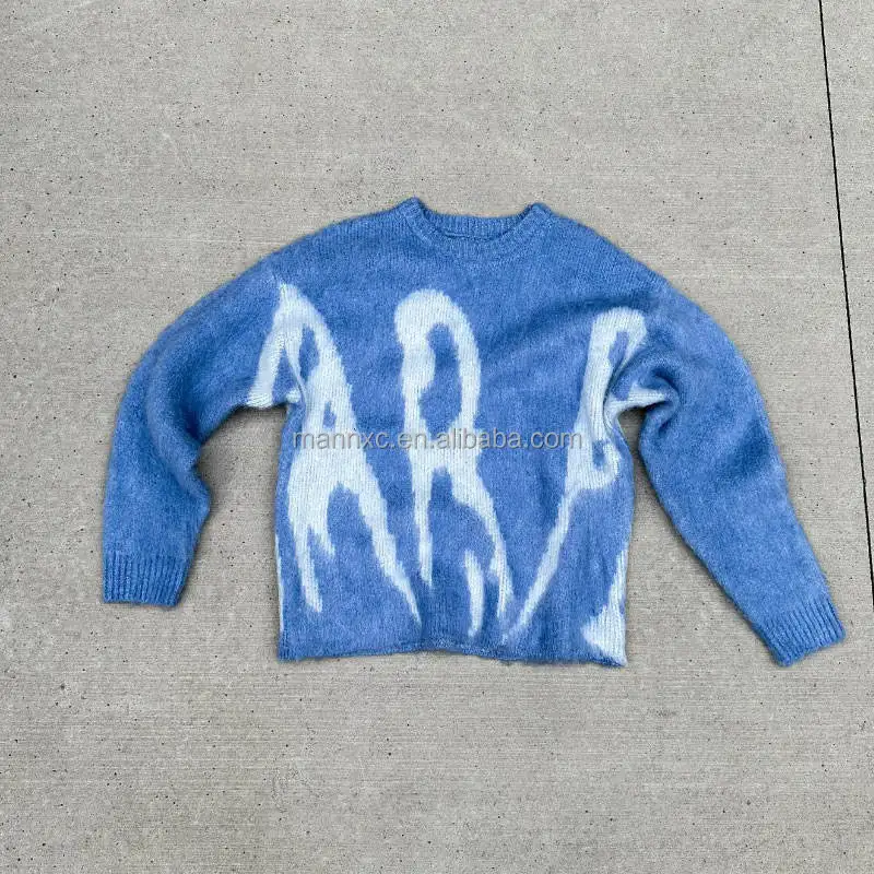 Streetwear Manufacturer Private Label Wool Cashmere Embroidery Jacquard Thick Oversized Mohair Sweatshirts Mens Sweater