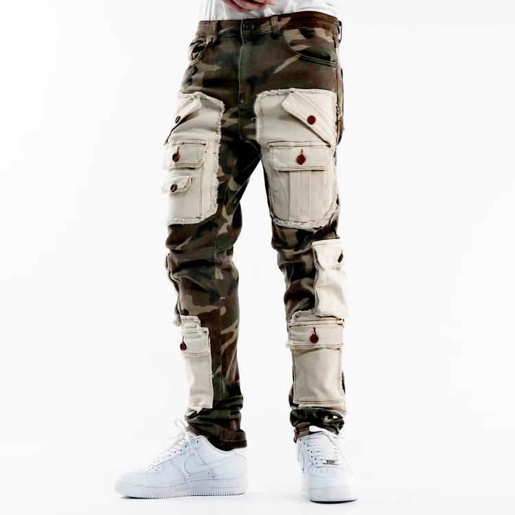 Manufacturer wholesale casual camo jeans men custom skinny straight leg denim pants pocket patchwork cargo jeans