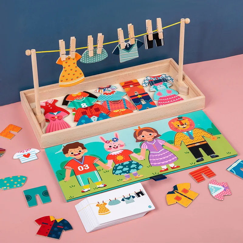 Wooden educational magnetic dress up toys funny hanging toys for baby girls dress up games