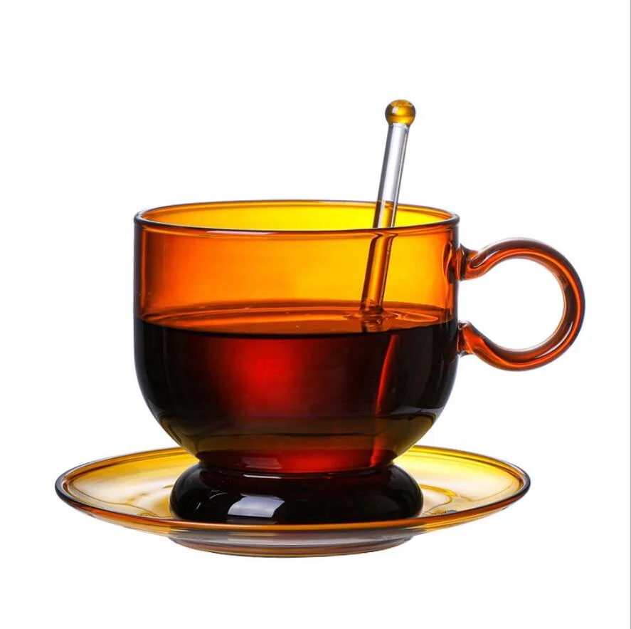 custom printed coloured high borosilicate glass milk tea cups with saucer set clear glass coffee tumbler mugs