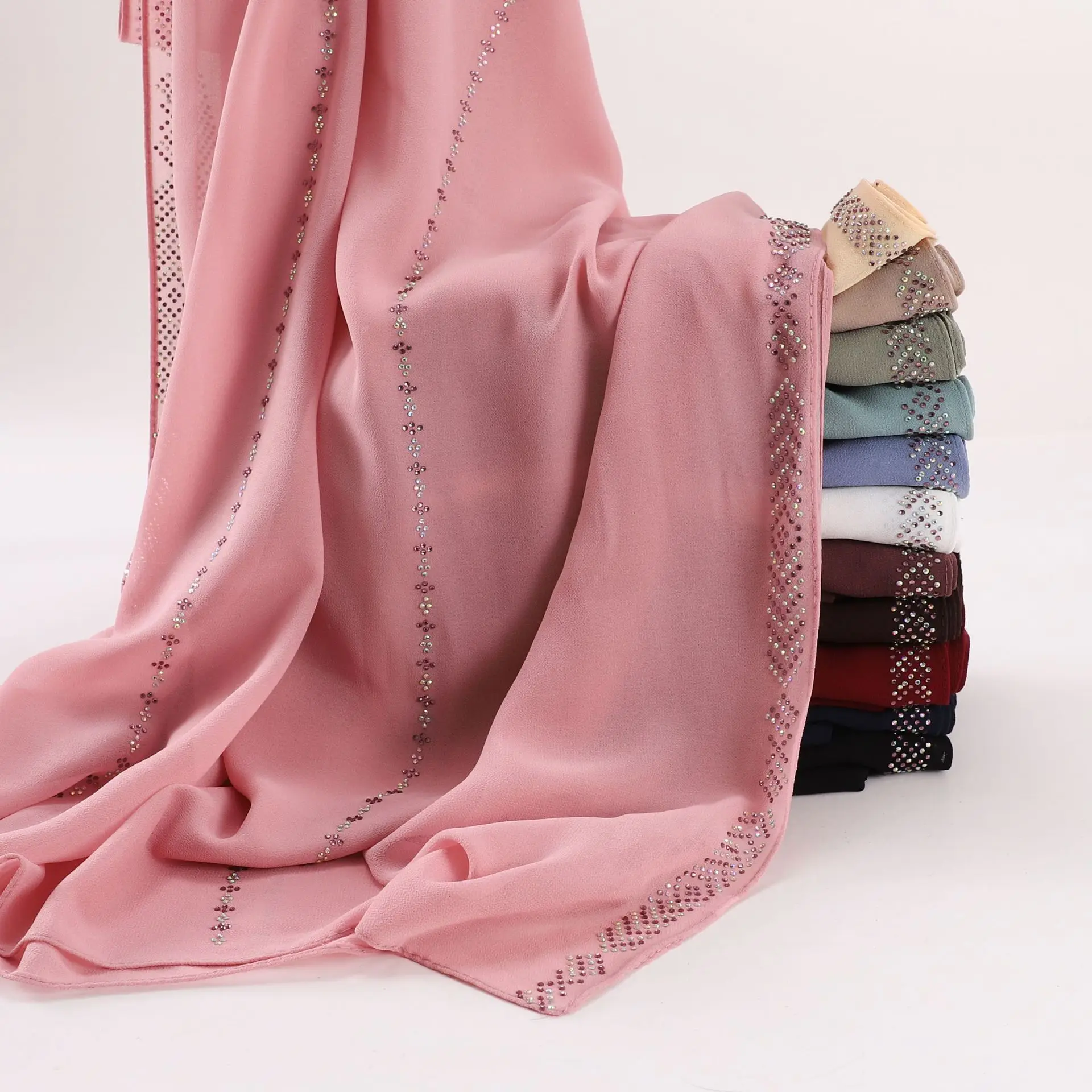 Sharut Wholesale High Quality Premium Glossy Luxury Malaysian Shawls Muslim Women Sparkling Hot Rhinestone Chiffon Hijab Scarf