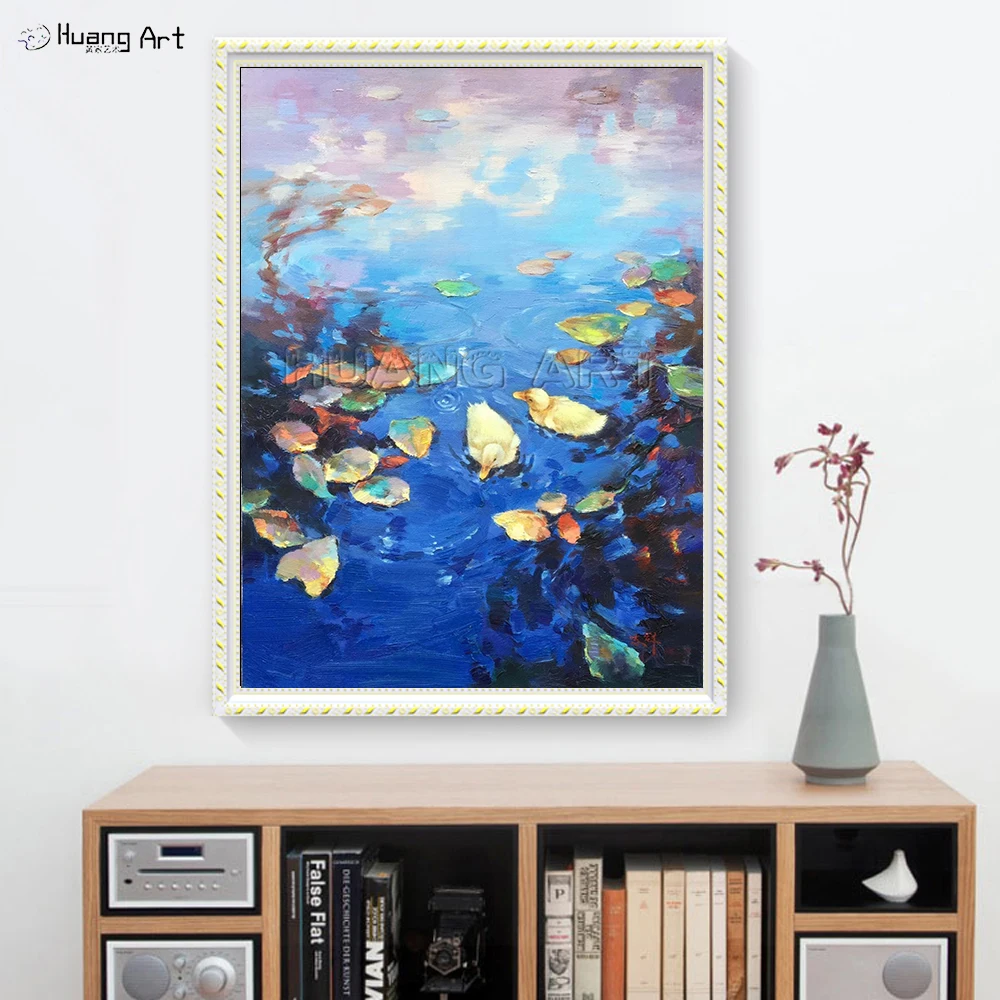 Hand-painted Landscape Oil Painting on Canvas Two Little Ducks Playing in the Sapphire Blue Lake Oil Painting for Wall Decor