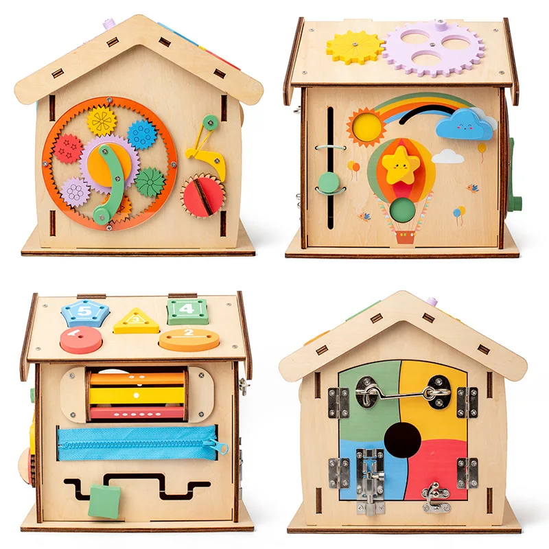 Kids Montessori Busy House Wooden Busy Board Toy for Toddlers Sensory House Activity Cube Toys Intelligence Unlock Box