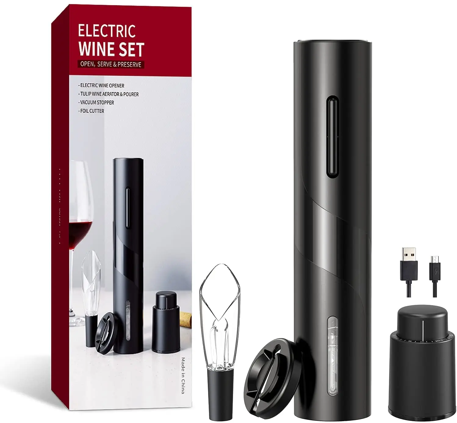 USB Rechargeable 4-in-1 Wine Accessories Gift Set Electric Wine Bottle Opener with Foil Cutter, Aerator&Pourer,Vacuum Stopper