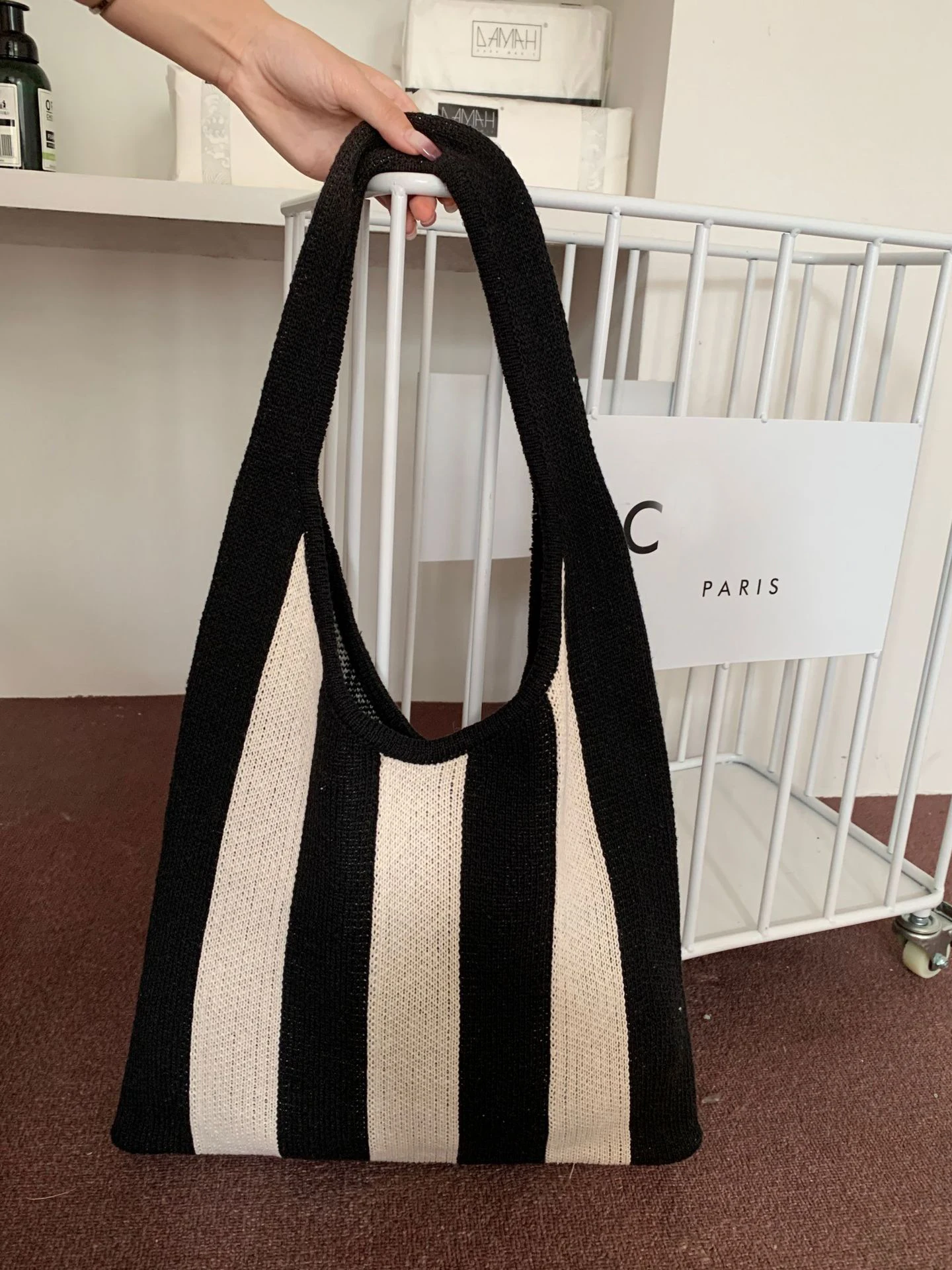 Simple Classic Stripe Pattern Knitted Woven Shoulder Bag Fashion Women Tote Lightweight Shopping Bag