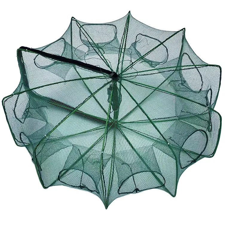 Folding Fishing Trap Net Shrimp Cages for Fishing Cages Wholesale 6-20 Hole Nylon PE Stainless Steel Wire Green Monofilament