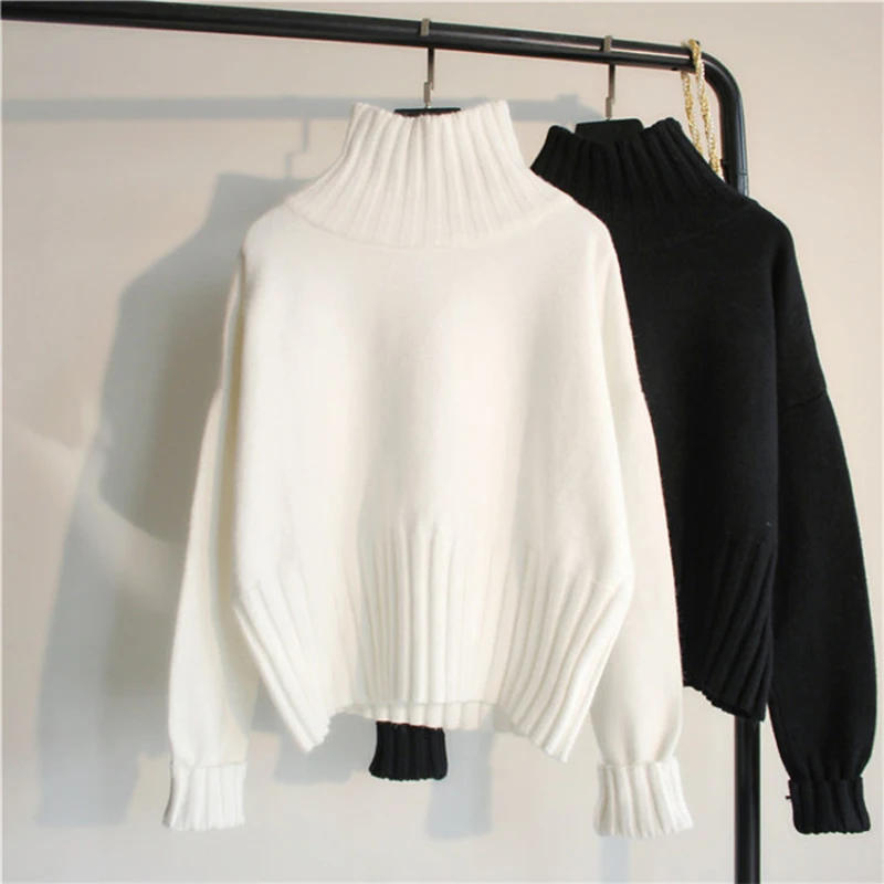 
Casual Loose Turtle Neck Sweater Black Long sleeved Bottoming Shirt White Sweater Women Streetwear Fashion  (1600196360203)