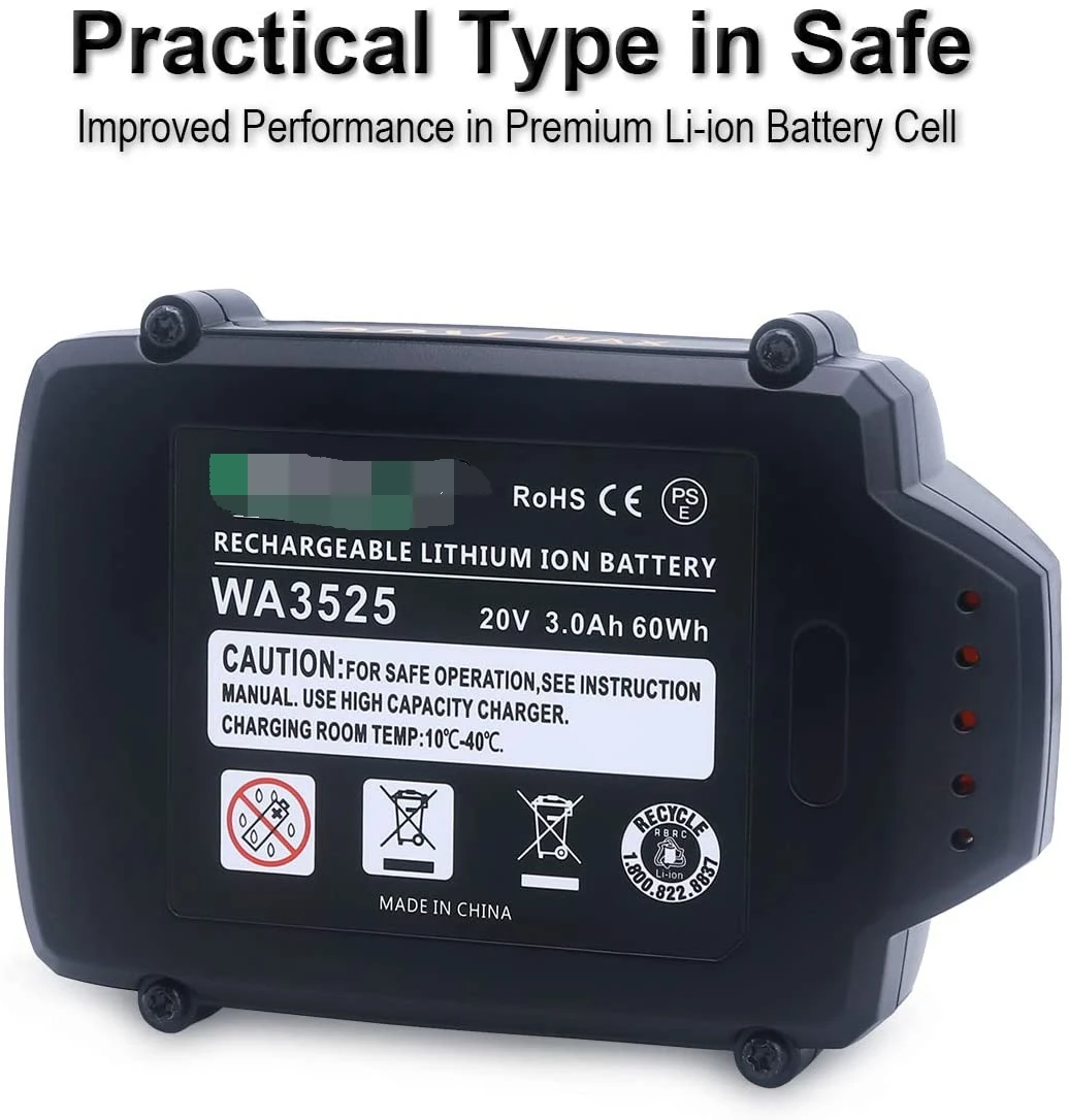 3.0Ah Replacement Worx 20V Lithium Battery WA3525, for Worx 20V (2x20V) Cordless Tools Power Battery WA3575 WA3525 WA3520