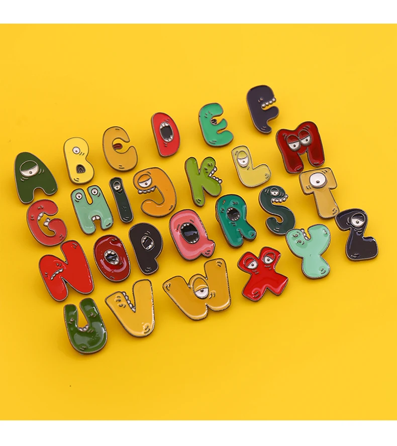 26 English Alphabet Enamel Pin Cartoon Little Monster Metal Hat Pin Badge Colorful Creative Design Lapel Pin Accessories