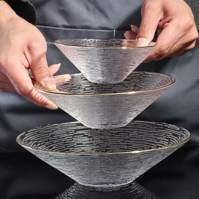 Phnom Penh Bamboo Hat Bowl Nordic Crystal Glass Salad Bowl Household Striped Fruit Dessert Bowl Plate Glass Tableware Wholesale
