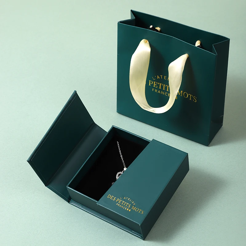Oem Luxury Necklace Earring Ring Jewlery Gift Box Double Open Door Jewelry Box Green Magnetic Flip Cover Jewelry Box