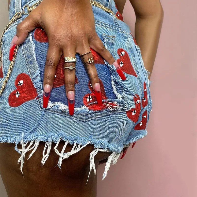 Summer Casual Heart Printed Blue Denim Jean Shorts Women 2021 Slim All-match Hotpants Shorts Jeans de mujer