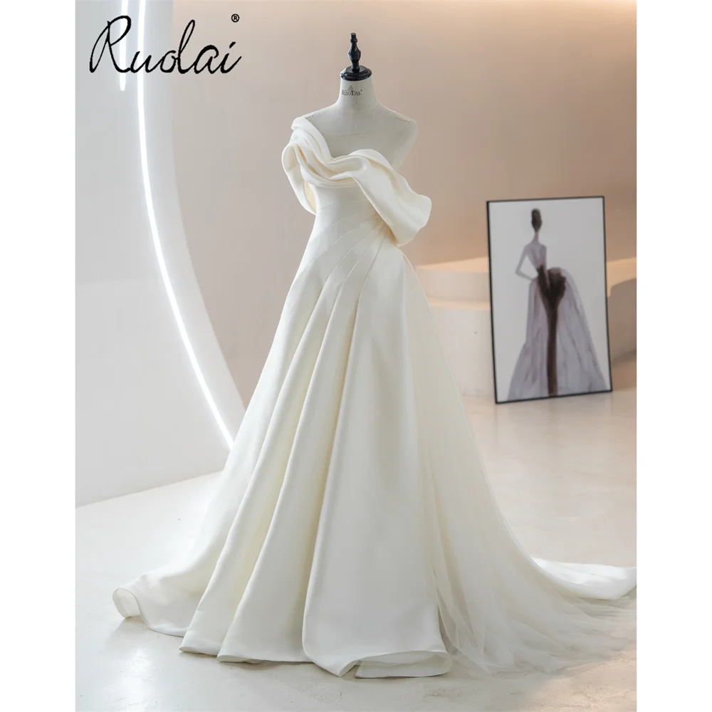 Ruolai QD06350 A Line Draped Off Shoulder Plain White Satin Bridal Gown Women Elegant Plain Dyed Wedding Dresses
