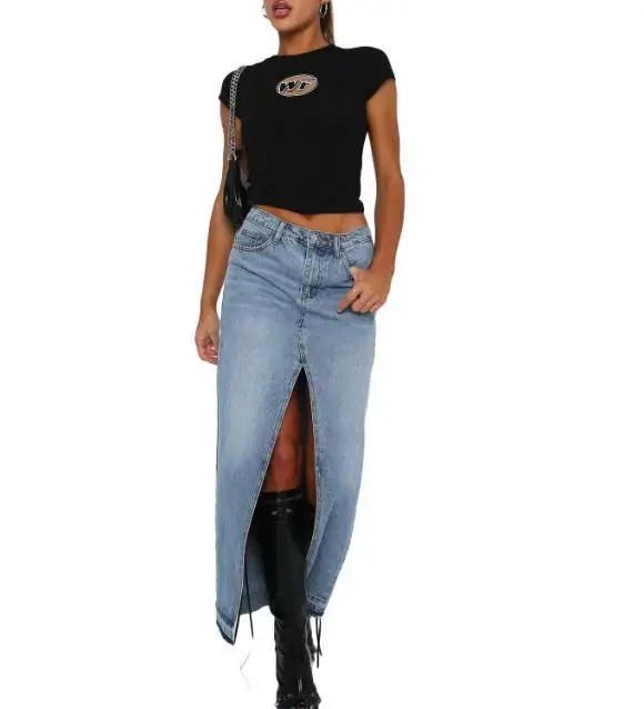 Stylish European and American Women s Denim Skirt with Slit High Waist Fashion Apparel