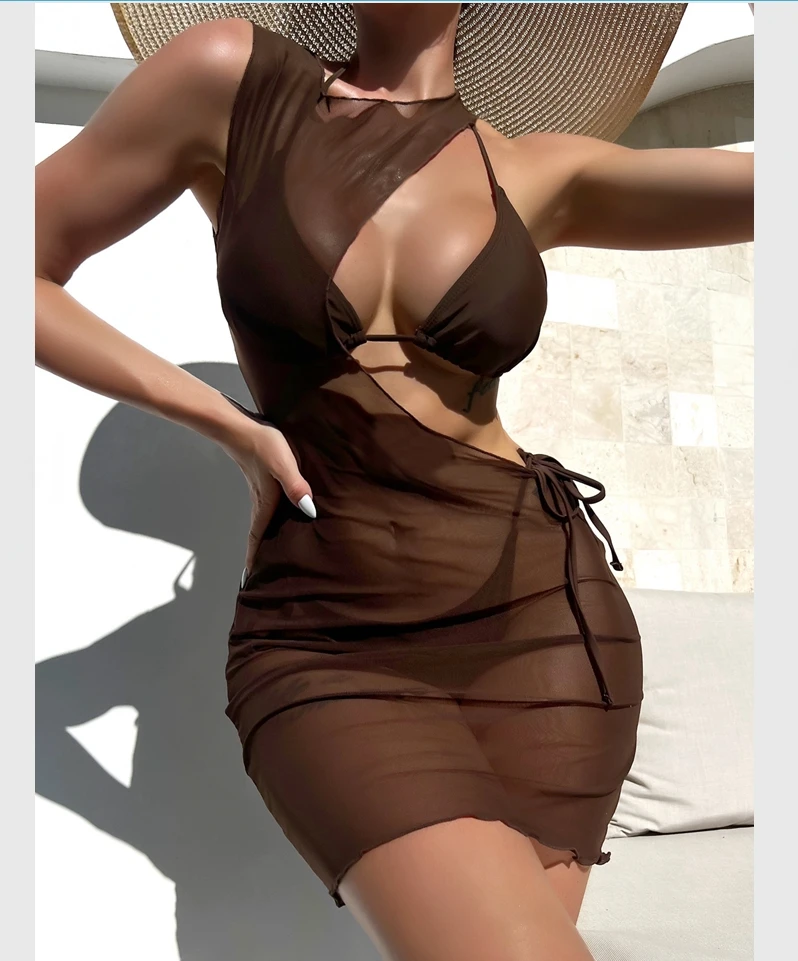 Fashion Transparent 3 Piece Swimsuit Set Women  Bathing Suits Cover Up