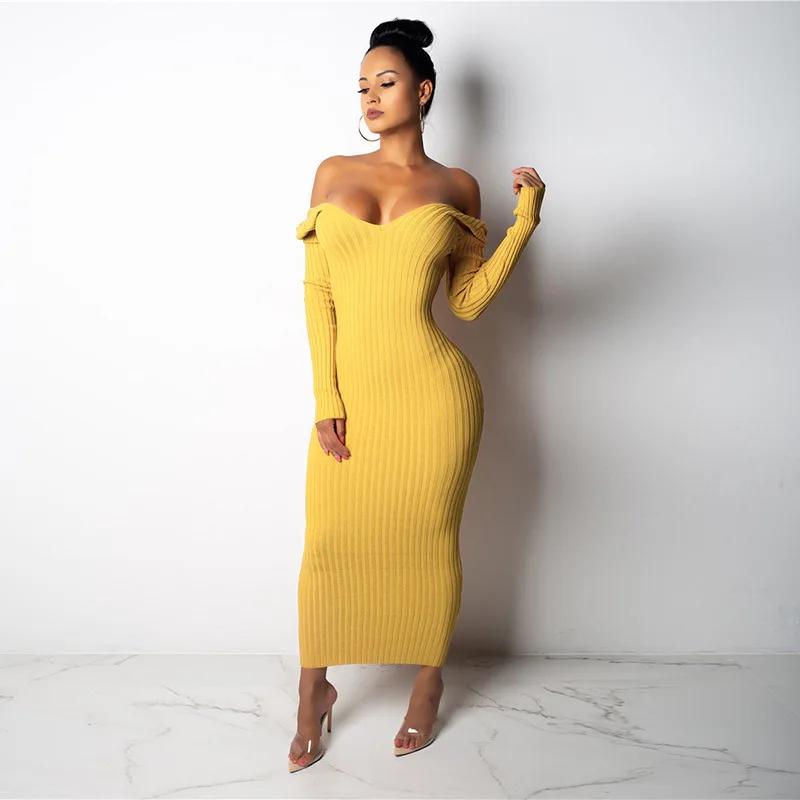 High quality women fall 0ff shoulder bodycon stretchy knitted sweater dresses