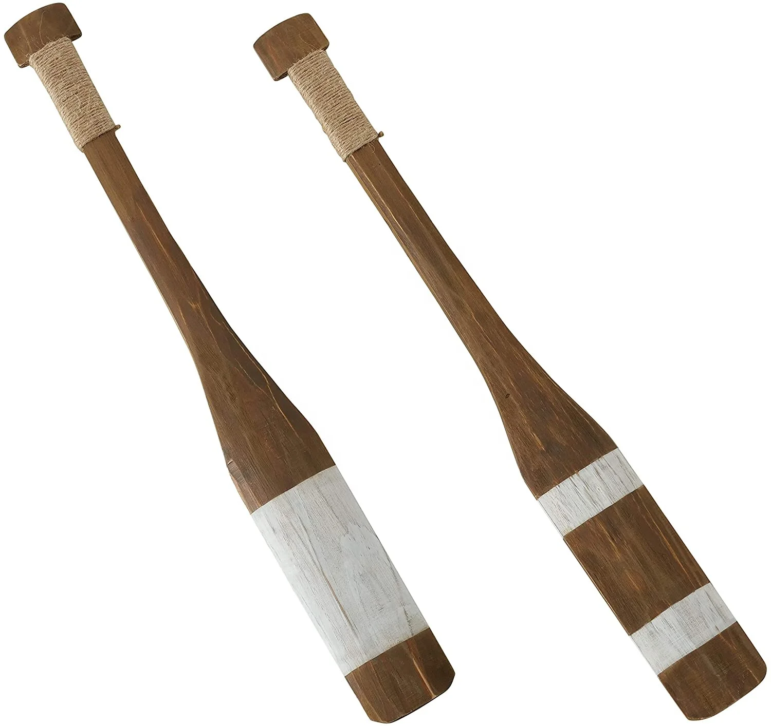 Rustic Paddling Oars, Set of 2, Wall Decor, Hand Carved Wood, Antique Brown Stain, Twine Wrapped, Painted White Stripes
