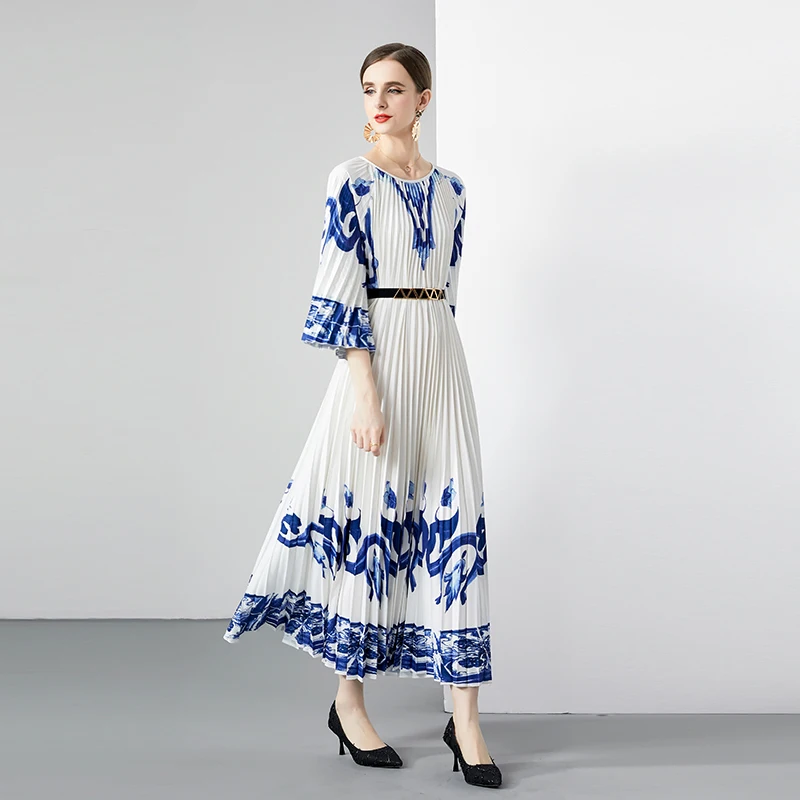 Wholesale Summer Print Casual Dress Women Batwing Sleeve High Waist Midi A-Line Dress Ladies Elegant Dresses Clothes