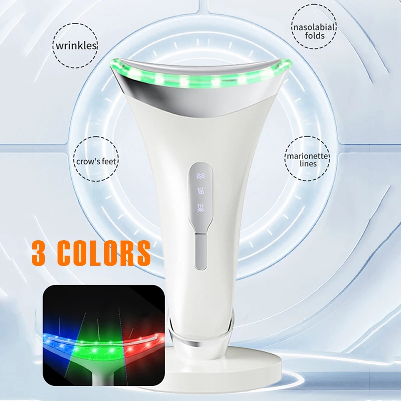 3 Colors LED Photon Hot Compress Vibration Face and Neck Beauty Device Microcurrent Facial Neck Lifting Massager