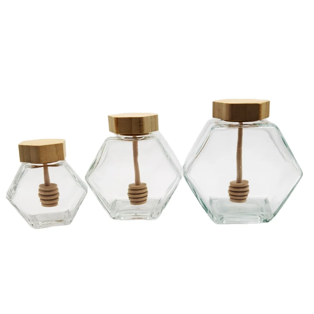 Сотовая форма шестиугольный Стеклянный Горшок для хранения cruet специй травы мини-банки меда с деревянной Диппер и бамбуковой крышкой