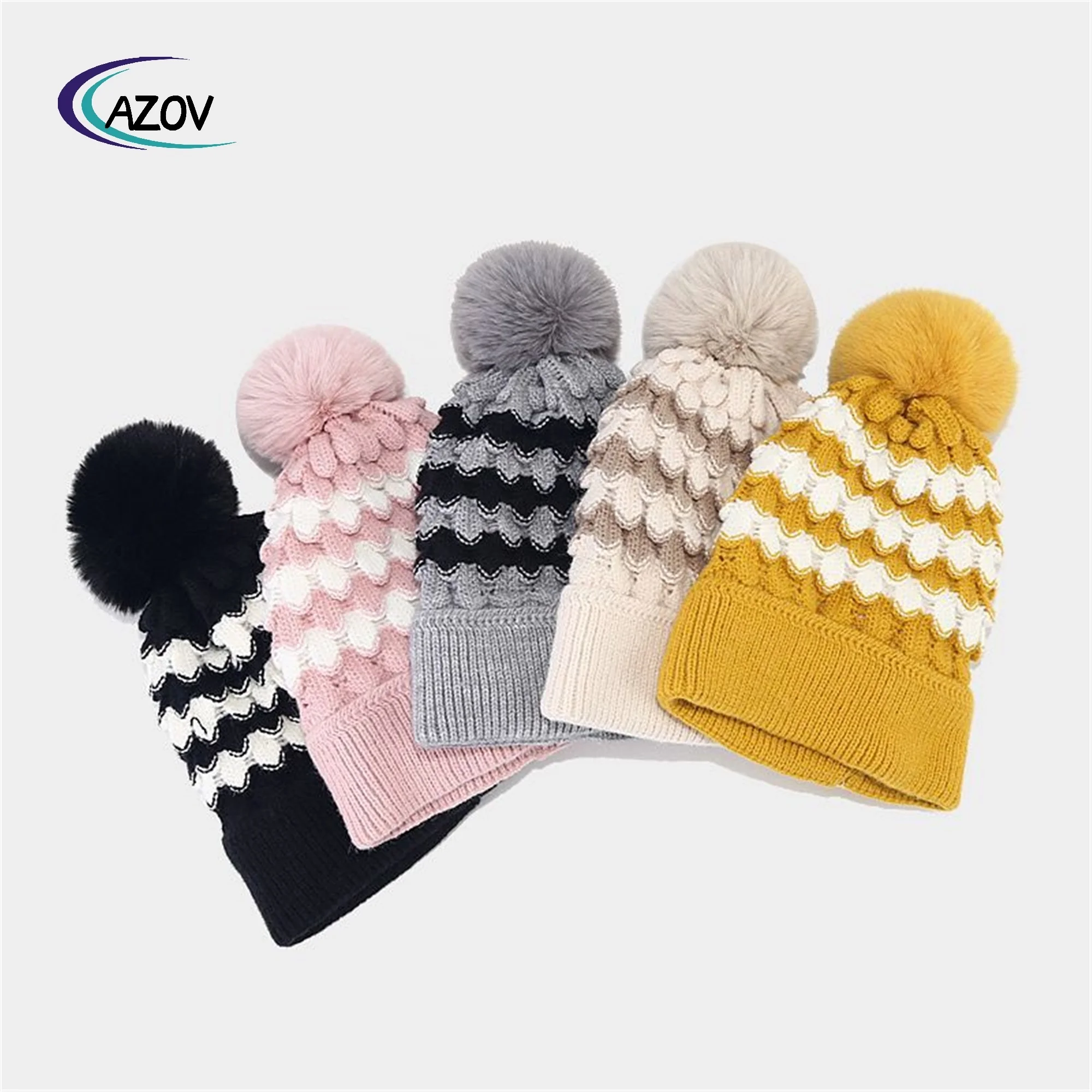 fashion new style contrast color stripes fur ball knitted hat ladies outdoor travel shopping warm wool hat wholesale