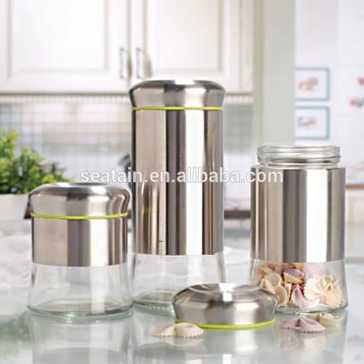 stainless steel coating glass food sugar tea coffee container storage jar with lid