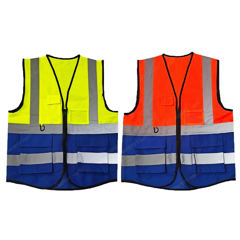High Visibility Custom Logo Workwear Multi Pockets With Reflective Strips Outdoor Work Safety Vest Night Riding