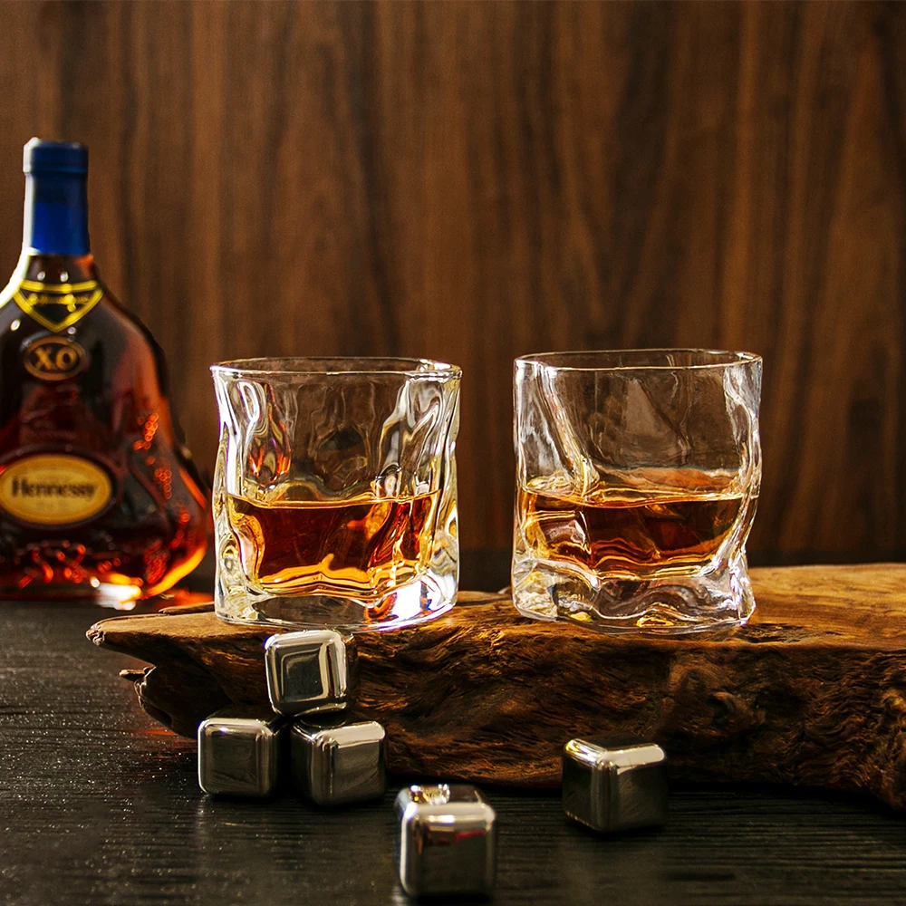 Unique Mouthblown Twisted Design Thick Bottom Old Fashioned Rock Crystal Clear Whiskey Glass