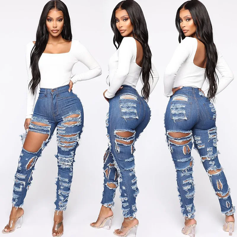 Popular Style Distressed Stretch Denim High Waist Jeans Ripped Plus Size Denim  Pants For Women