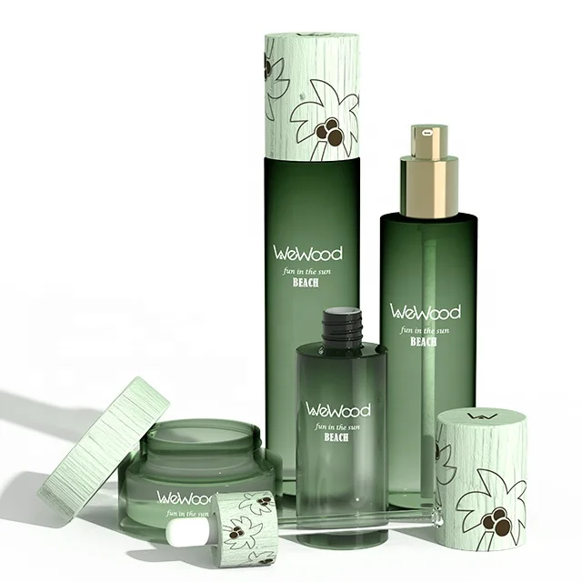 Cosmetic Container Set Lotion Bottle Cream Jar Dropper Bottle Glass Cosmetic Packaging With Wooden Lid